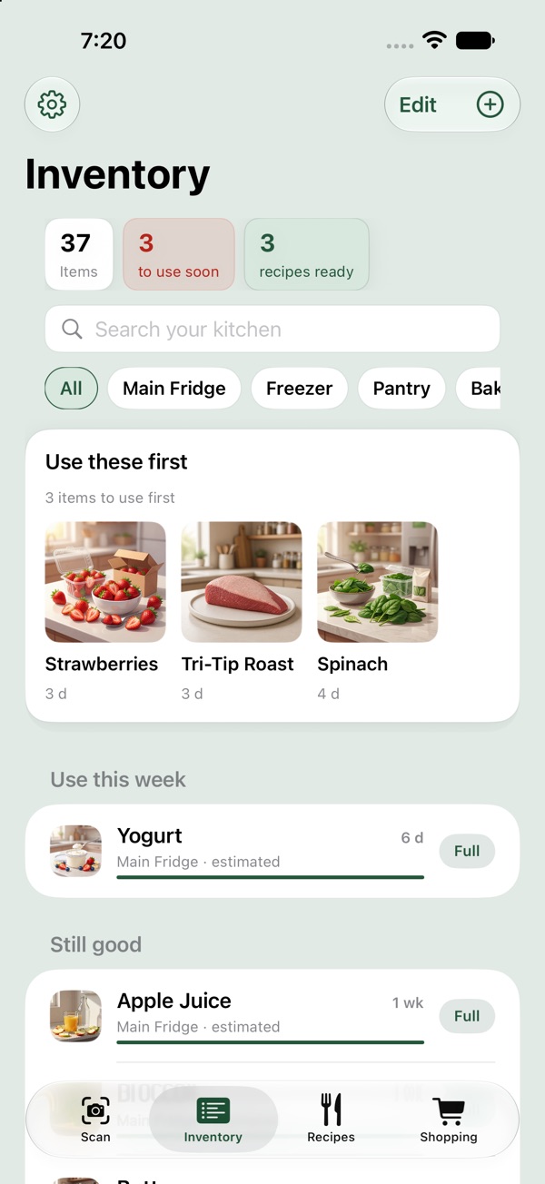 Inventory screen showing items to use first