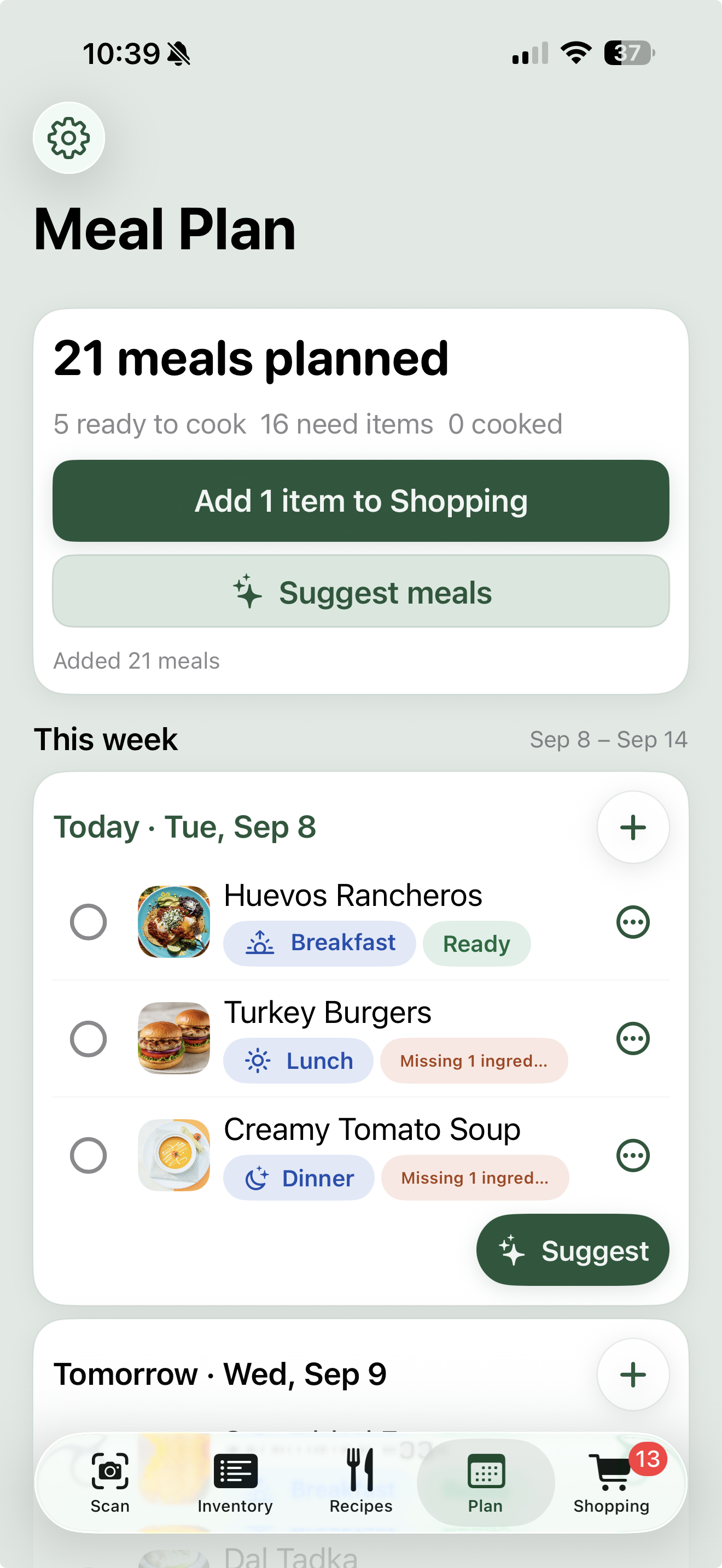 iOS Meal Plan showing meals for the week, ready-to-cook indicators, meal suggestions, and a shortcut to add missing ingredients to Shopping.
