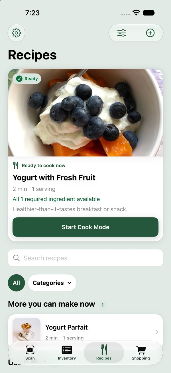 Recipe screen showing Yogurt with Fresh Fruit